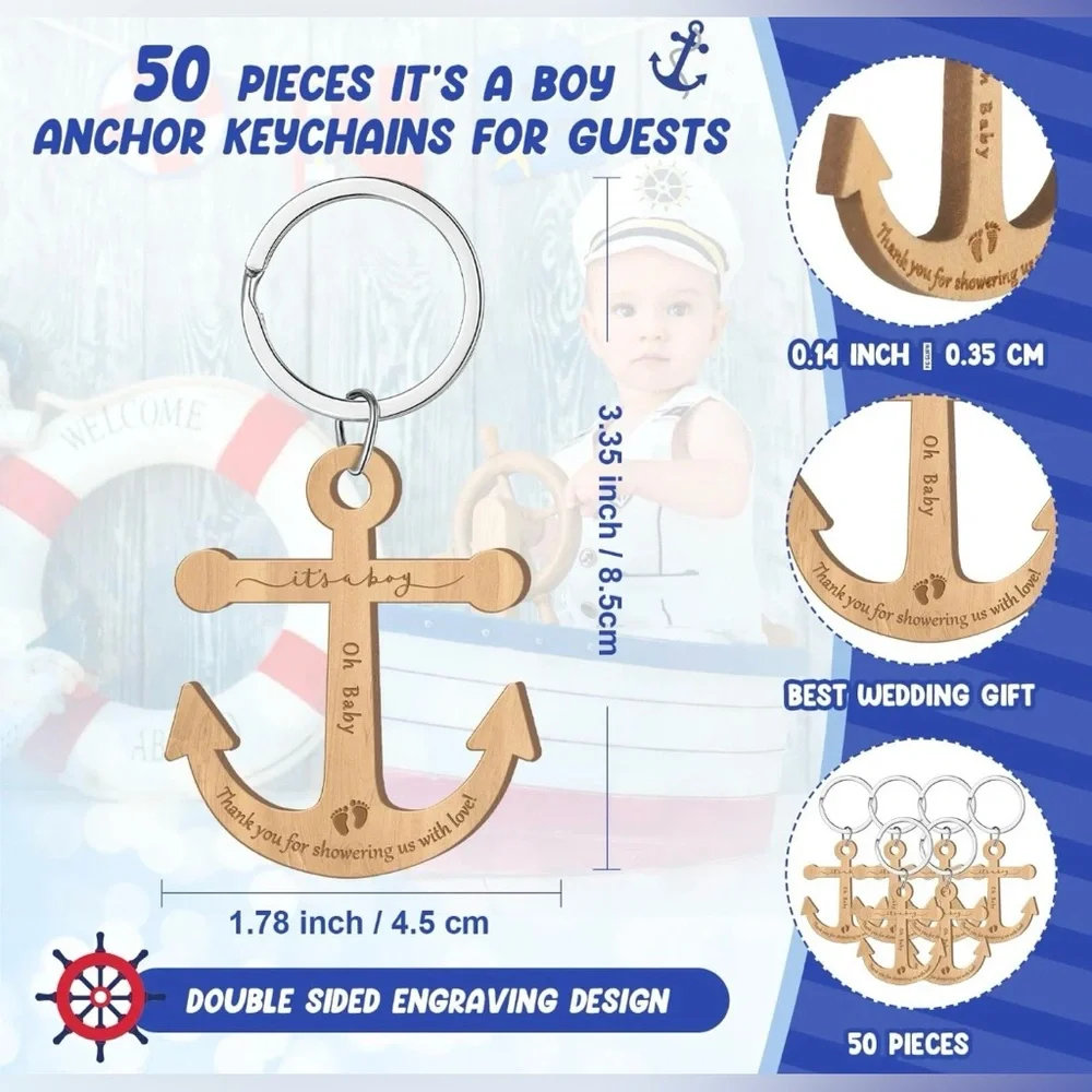 It's A Boy Anchor Keychain 50 Nautical Baby Shower Thank You Cards - Gift Sets